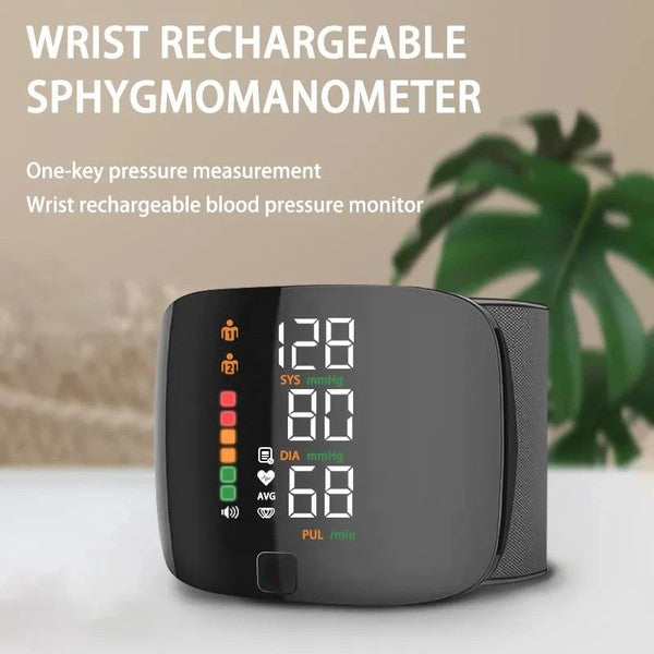 Rechargeable Wrist Blood Pressure Monitor – Accurate Digital Tensiometer with Heart Rate & LED Display