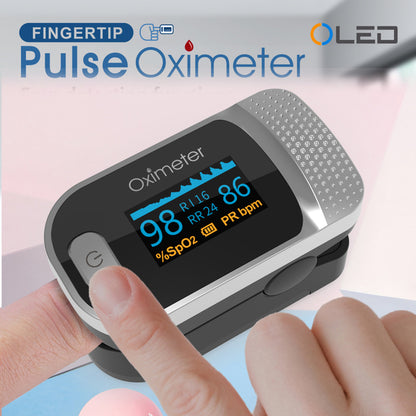 Finger Pulse Oximeter with SpO2, PR, PI, RR Monitoring, OLED Display Heart Rate & Oxygen Saturation Meter
