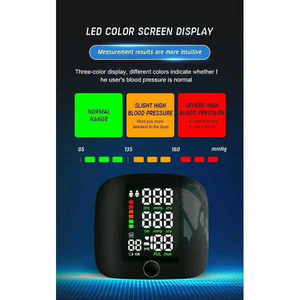 Rechargeable Wrist Blood Pressure Monitor – Accurate Digital Tensiometer with Heart Rate & LED Display