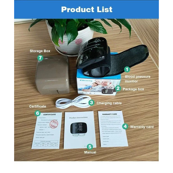 Rechargeable Wrist Blood Pressure Monitor – Accurate Digital Tensiometer with Heart Rate & LED Display